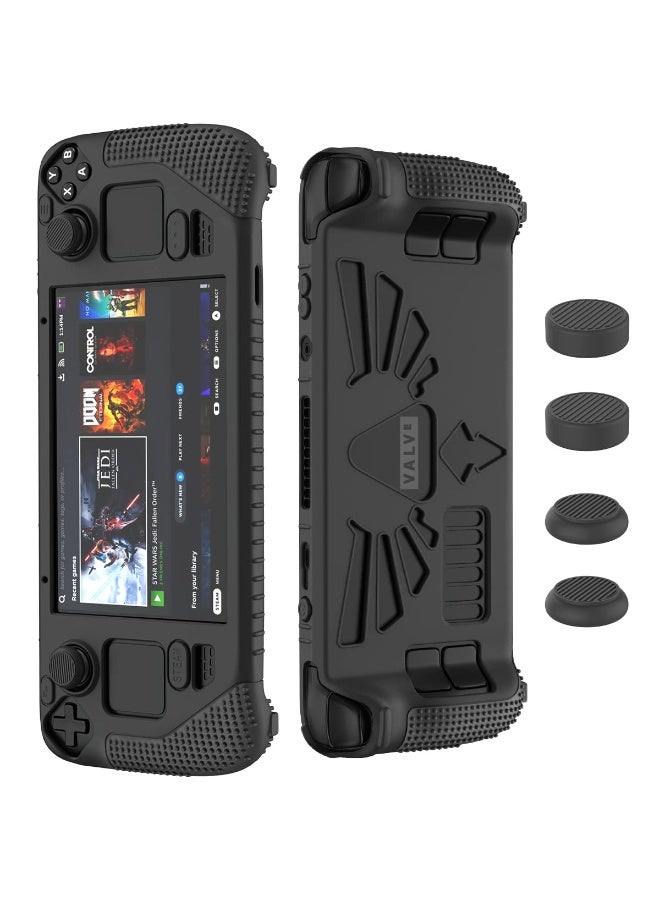 SUIHUOJI Steam Deck/Steam Deck OLED Standing Protective Case, Thickening Silicone Accessories Protector, Soft Cover Skin Shell with 2 Pairs Thumb Grips, Full Protection for Valve Stream Deck (Black)